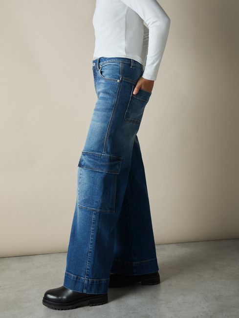 Reiss Blue Sienna 9-13 yrs Wide-Leg Cargo-Pocket Jeans