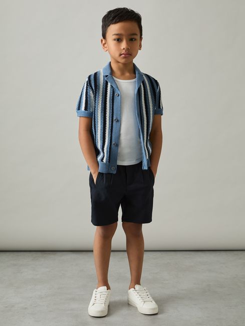 Reiss Airforce Blue Carrington 3-9 yrs Cotton Crochet Stripe Cuban Shirt