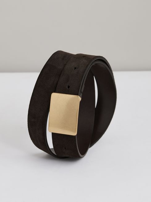 Reiss Chocolate Eva Suede Square-Buckle Belt