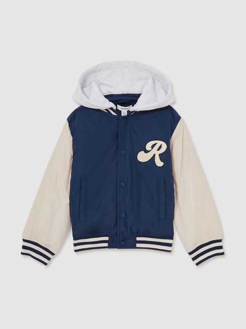 Reiss Airforce Blue/Off White Fred 3-9 yrs Logo Patch Hooded Varsity Jacket