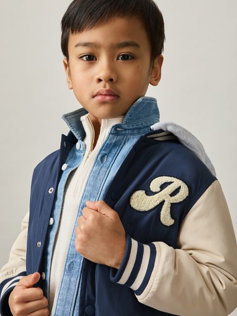 Reiss Airforce Blue/Off White Fred 3-9 yrs Logo Patch Hooded Varsity Jacket