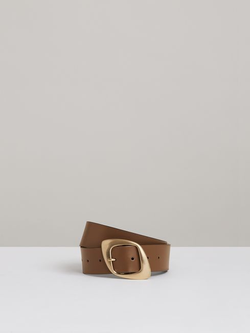 Reiss Taupe Christa Leather Curved-Edge Buckle Belt