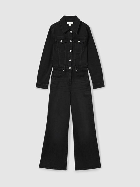Reiss Black Celeste Cotton-Blend Denim Relaxed-Fit Jumpsuit