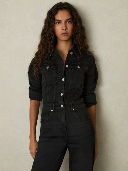 Reiss Black Celeste Cotton-Blend Denim Relaxed-Fit Jumpsuit
