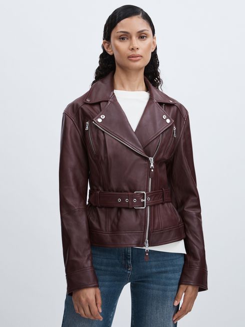 Paige Leather Belted Moto Jacket