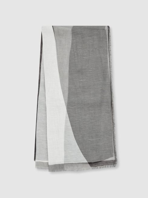 Reiss Grey/White Audrey Linen-Blend Printed Scarf