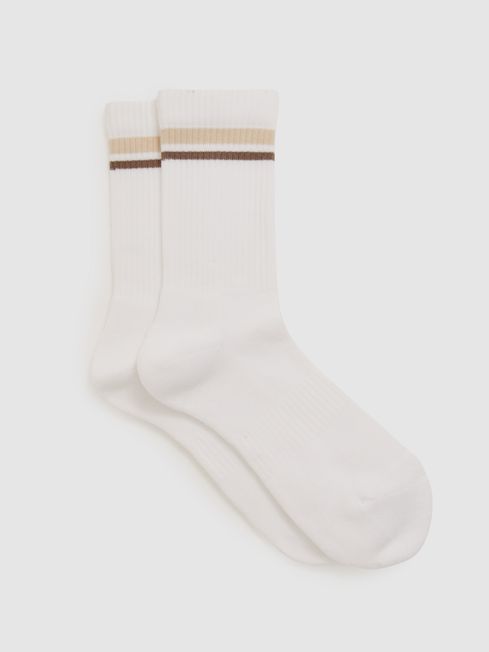 Reiss White Helena Cotton Blend Striped Crew Socks