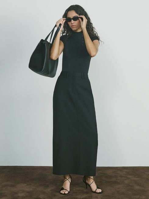 Reiss Black Brittany Wool-Blend Tailored Pencil Skirt