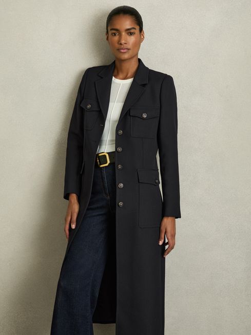 Reiss Navy Madison Petite Wool-Blend Single-Breasted Coat