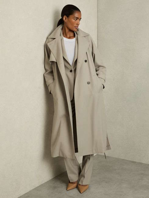 Reiss Neutral Maddox Wool-Blend Double-Breasted Trench Coat