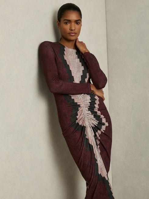 Reiss Burgundy Georgia Petite Jersey Ruched Printed Dress With Wool
