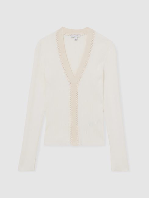Reiss Ivory Lauri Ribbed Knit Craft Stitch Top