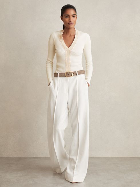 Reiss Ivory Lauri Ribbed Knit Craft Stitch Top