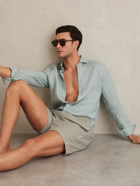 Reiss Sage/White Bay Seersucker Stripe Swim Shorts