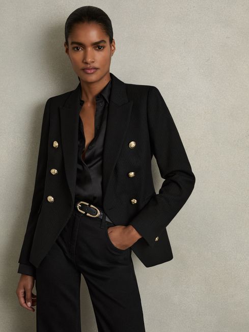 Reiss Black Tally Tailored Fit Textured Double Breasted Blazer