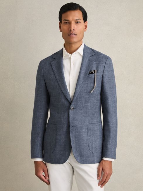 Reiss Blue Stack Single-Breasted Slim-Fit Wool-Blend Textured Blazer