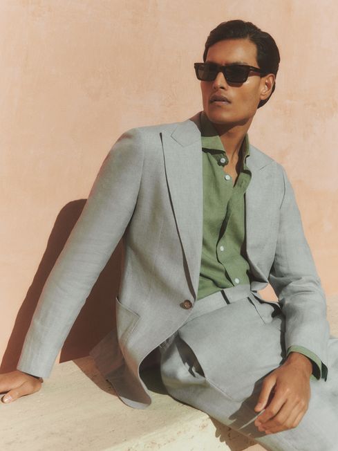 Reiss Ocean Green Warner Linen Single-Breasted Suit Blazer Slim-Fit