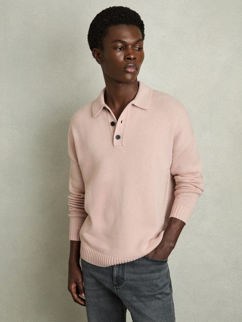 Reiss Soft Pink Jacob Wool Blend Long Sleeve Polo Shirt