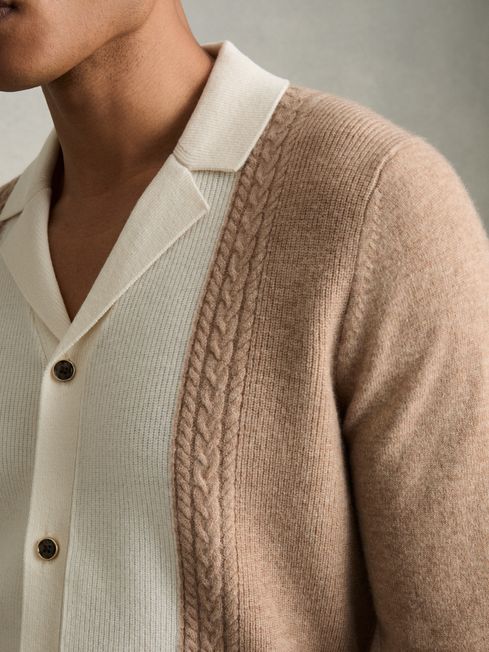 Reiss Camel Poland Wool Colourblock Knitted Shirt