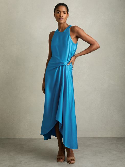 Reiss Blue Micah Satin Drape Tuck Midi Dress