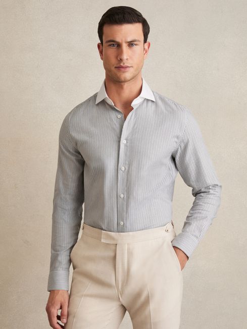 Reiss Contrast Stripe Grey Ascot Cotton-Lyocell Stripe Shirt