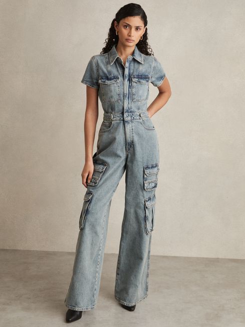 Good American Indigo Denim Cargo Jumpsuit