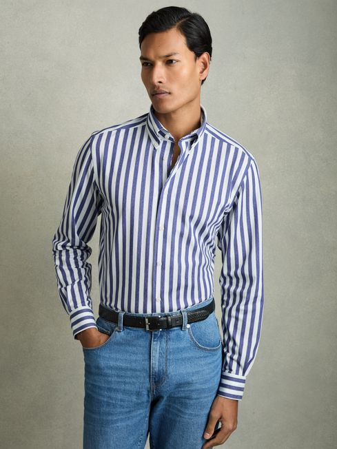 Reiss Blue Stripe Tobin Striped Jersey Button-Down Shirt With Cotton