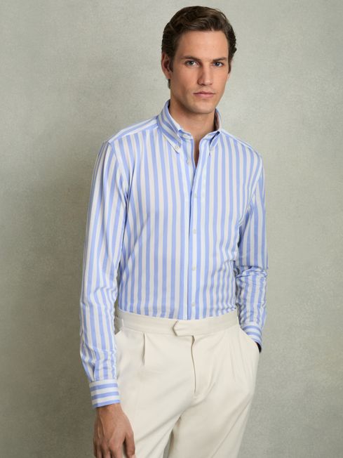 Reiss Pale Blue Stripe Tobin Striped Jersey Button-Down Shirt With Cotton