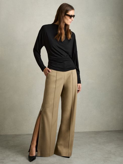Reiss Black Daisy Draped Jersey Long-Sleeve Top