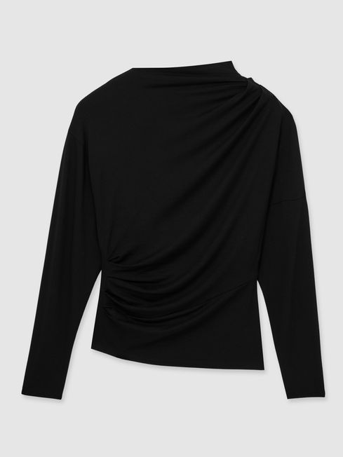 Reiss Black Daisy Draped Jersey Long-Sleeve Top