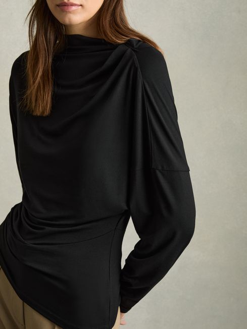 Reiss Black Daisy Draped Jersey Long-Sleeve Top