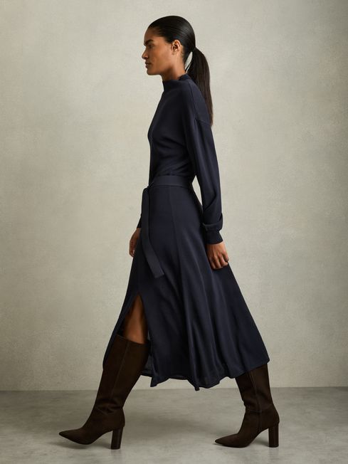 Reiss Navy Alina Petite Compact-Knit Belted Midi Dress