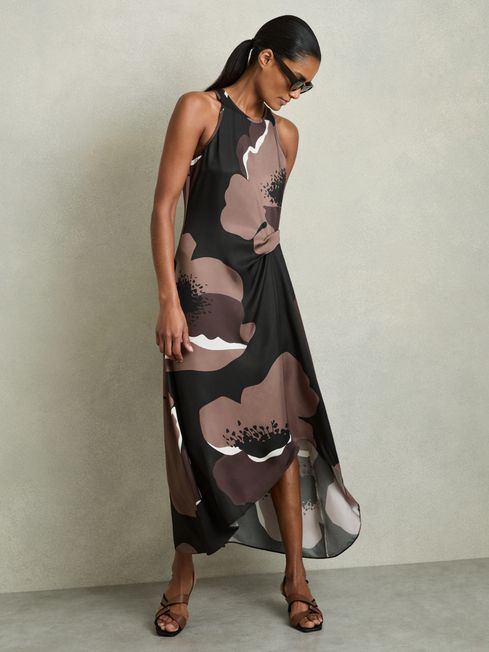 Reiss Brown Michalie Petite Satin Floral Tuck Midi Dress