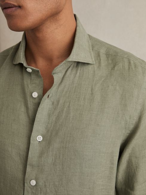 Reiss Thyme Green Ruban Linen Button-Through Shirt