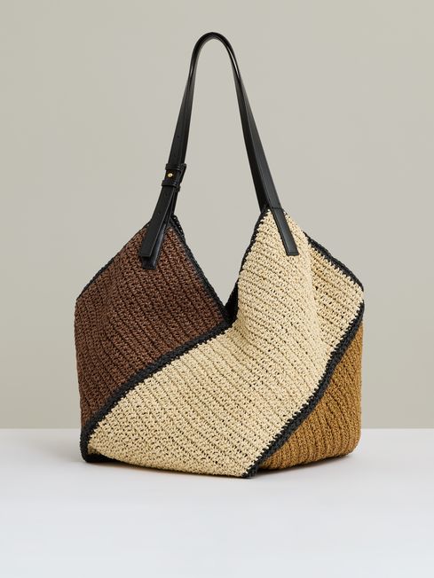 Reiss Tan Farrah Raffia Colour-Block Tote Bag