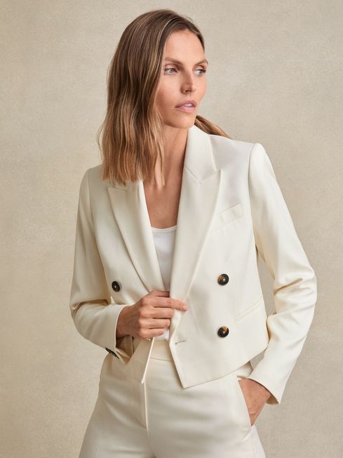 Reiss Cream Millie Double-Breasted Cropped Blazer