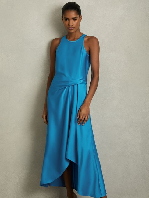 Reiss Blue Micah Petite Satin Drape Tuck Midi Dress