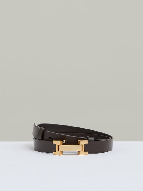 Reiss Chocolate Hayley Leather Square Hinge Belt