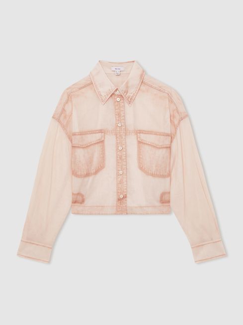 Reiss Pale Pink Darcy Cotton Denim-Print Cropped Shirt