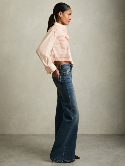 Reiss Pale Pink Darcy Cotton Denim-Print Cropped Shirt