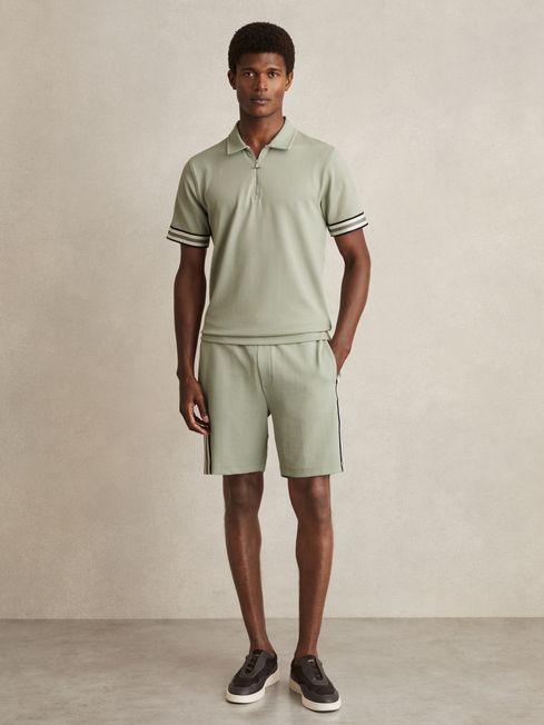 Reiss Sage Green Bristol Textured Contrast Trim Half-Zip Polo Shirt