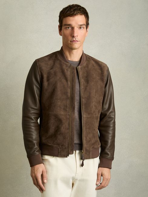 Reiss Chocolate Brown Block Leather-Sleeve Suede Bomber Jacket