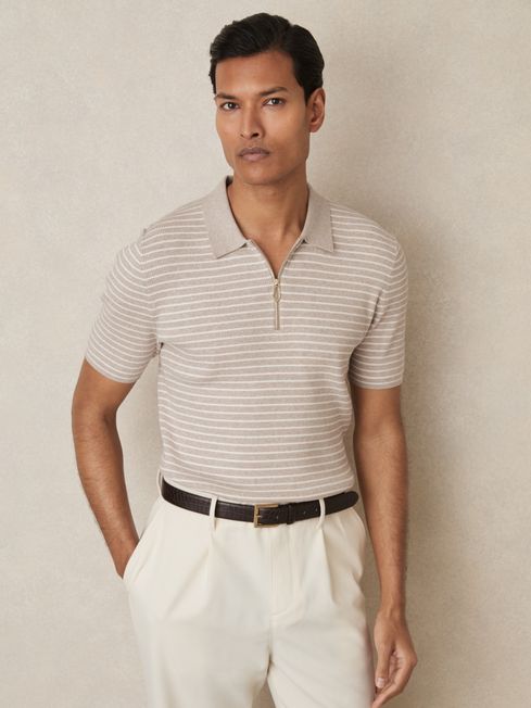 Reiss Oatmeal Melange Fallow Half-Zip Stripe Polo Shirt