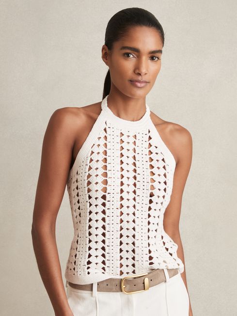 Reiss White Cally Crochet Halterneck 100% Cotton Vest Top