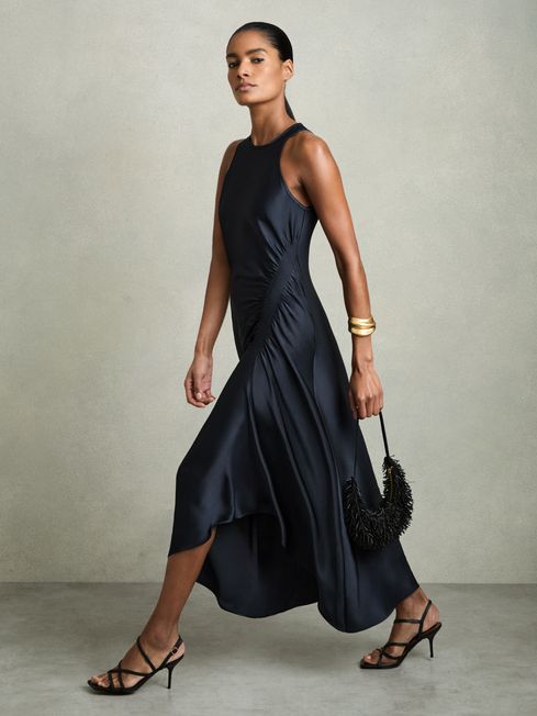 Reiss Navy Anessa Satin Shirred Midi Dress