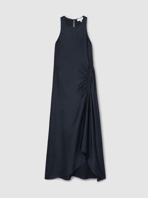 Reiss Navy Anessa Satin Shirred Midi Dress