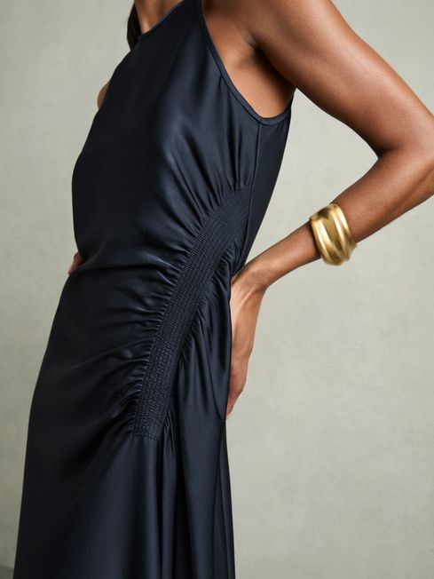 Reiss Navy Anessa Satin Shirred Midi Dress