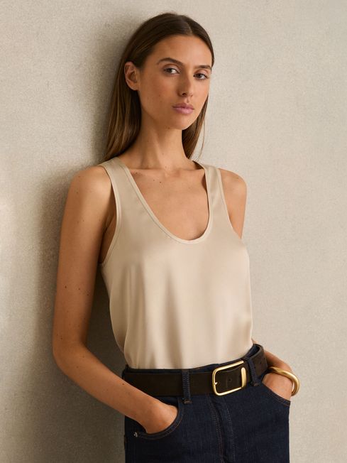Reiss Neutral Ruby Silk-Front Cami Top