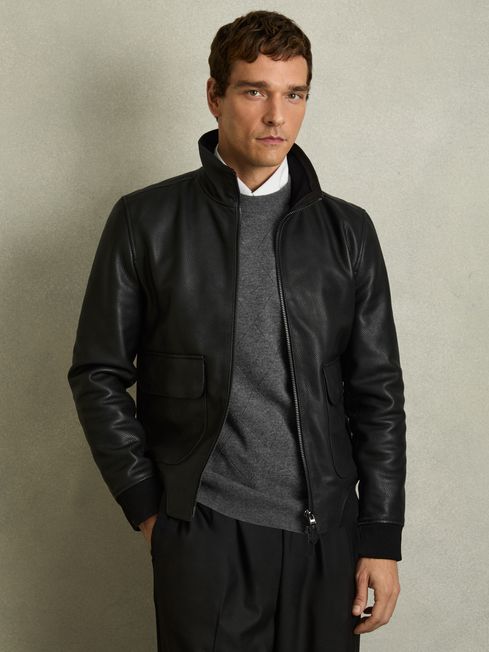 Reiss Black Reed Pebbled-Leather Funnel-Neck Jacket