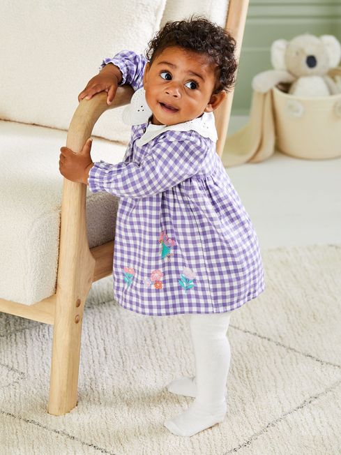 Lilac Purple Fairy Applique Gingham Baby Dress Tights Set